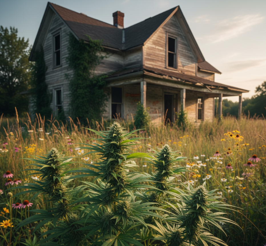 Crystallized cannabis flower at harvest time with visible resin glands and pistil coloration